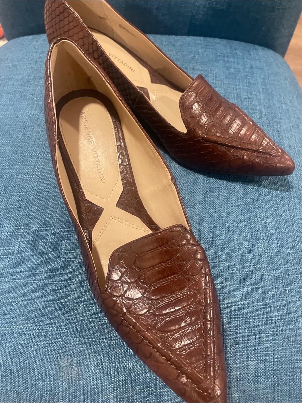 Adrienne Vittadini Dark Brown Croc-Embossed Pointed Flats